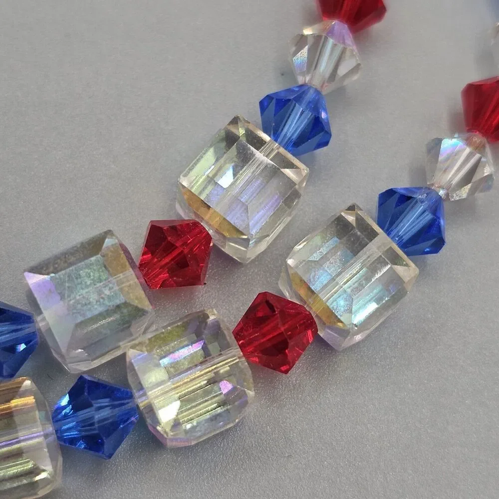 Red White Blue Necklace Aurora Borealis Square Crystal Bead Iridescent 22 in - Picture 5 of 8